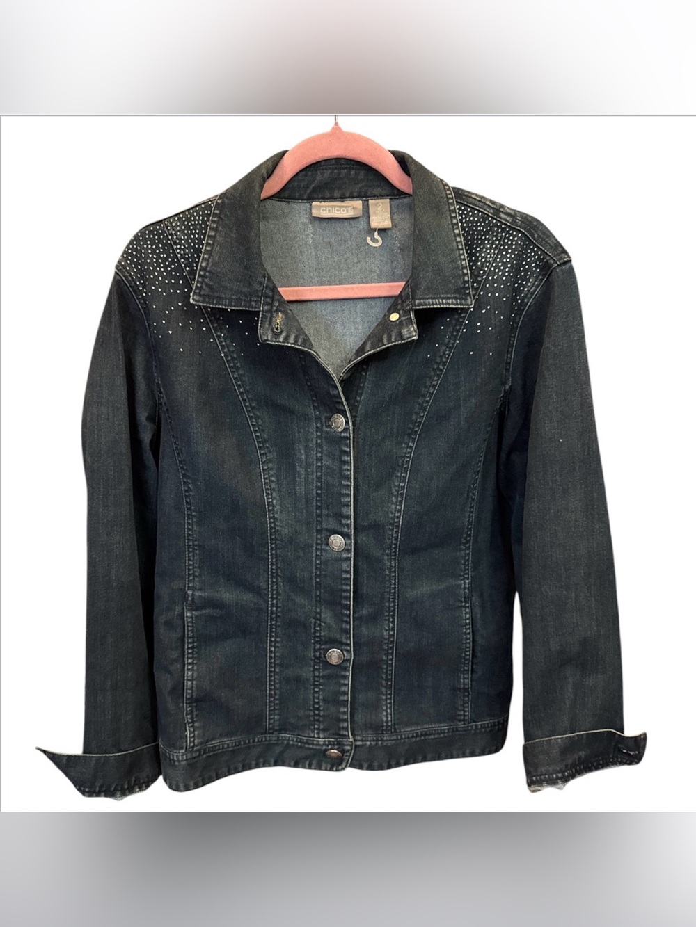 Chico's Dark Navy Wash Denim Jacket with Embellished Shoulders Size 2